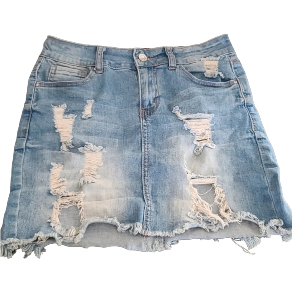 WAX JEAN Distressed Cut Off Jean Skirt S M Ripped Destroyed Denim Raw Hem Frayed - Picture 8 of 15